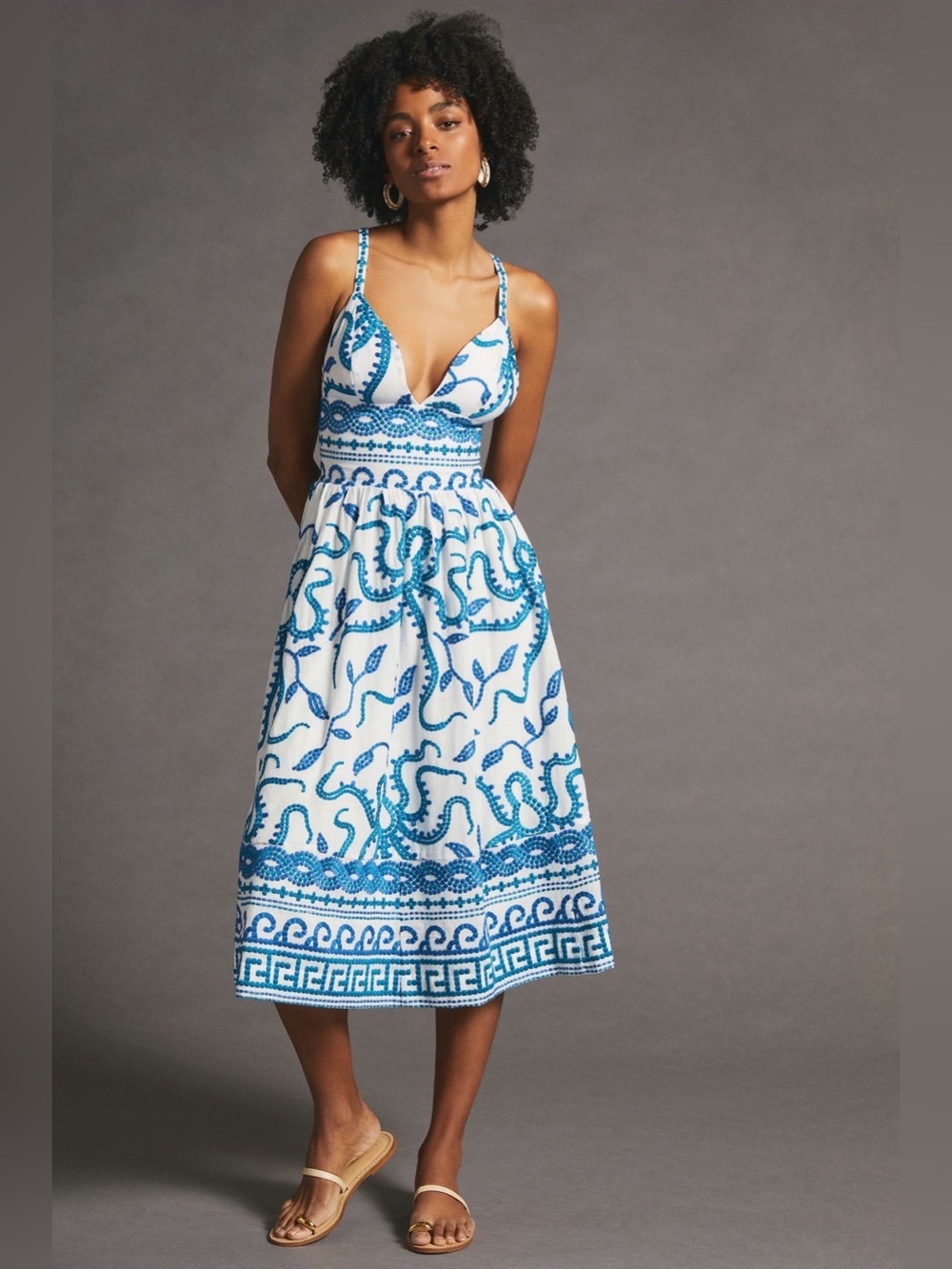NEW Anthropologie Maeve Seaside Embroidered Midi Sundress blue/white Size 6